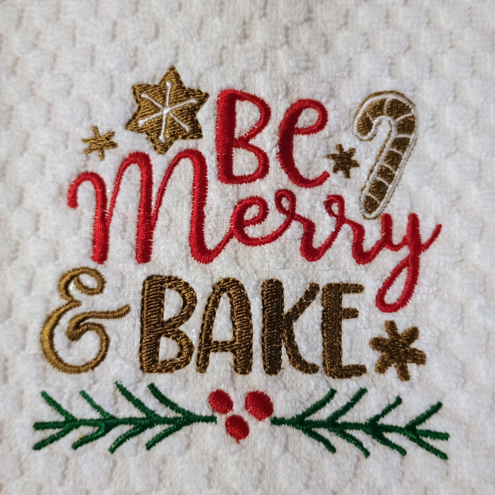 Embroidered All Purpose Waffle Towel...Festive 'Be Merry & Bake' Holiday Towel